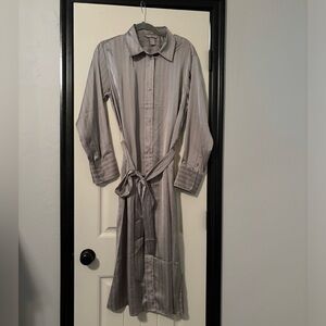 H&M Maxi Satin-Like Pinstripe Button Down Belted Dress Size Medium NWOT